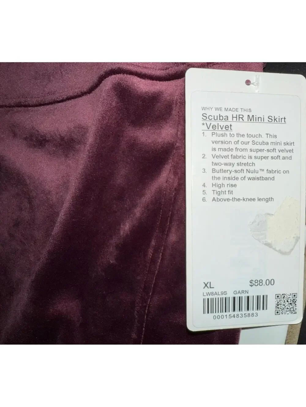 NEW Lululemon Scuba Mini Skirt Velvet Dark Red sz XL Soft holiday Goth $88